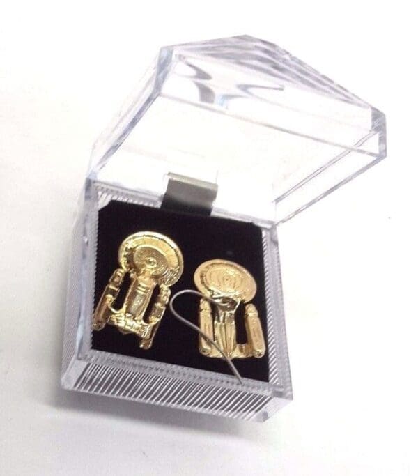 Gold Star Trek Enterprise earrings in box.