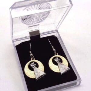 Gold and silver circle earrings in box.