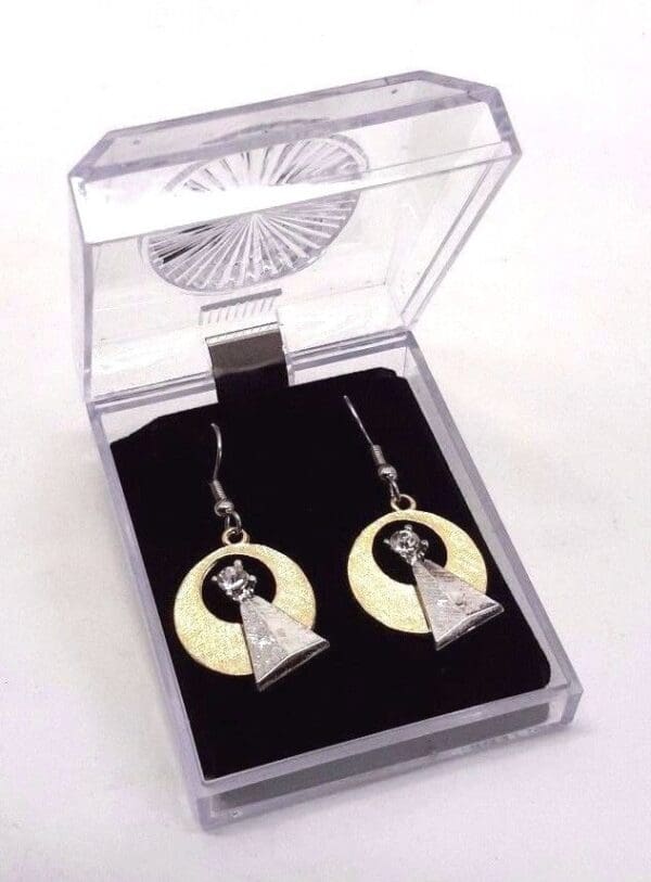 Gold and silver circle earrings in box.