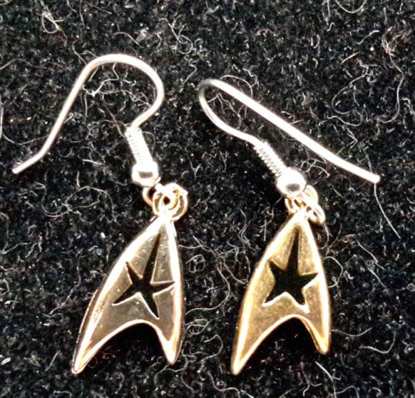 Gold Starfleet earrings with black stars.