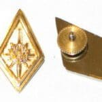 Gold diamond-shaped pin with a symbol.