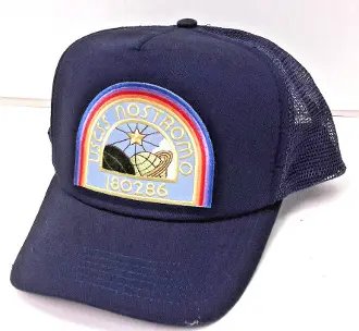 Blue trucker hat with Nostromo logo.