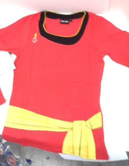 Red long-sleeved shirt with yellow sash.