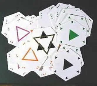 A stack of hexagonal cards with triangles.