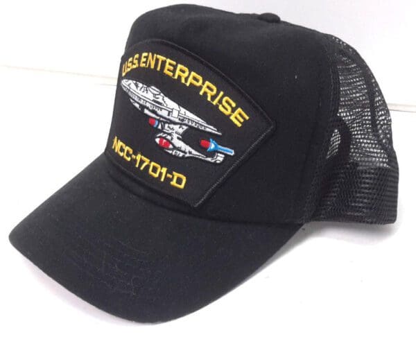 Black USS Enterprise trucker hat with patch.