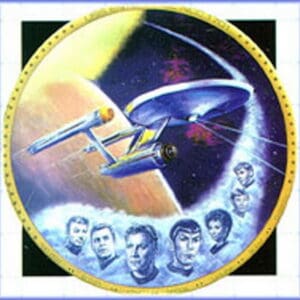 Star Trek Enterprise spaceship with crew portrait.