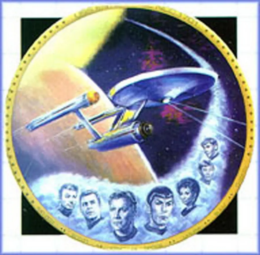 Star Trek Enterprise spaceship with crew portrait.