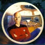 Captain Jean-Luc Picard on the bridge of the Enterprise.