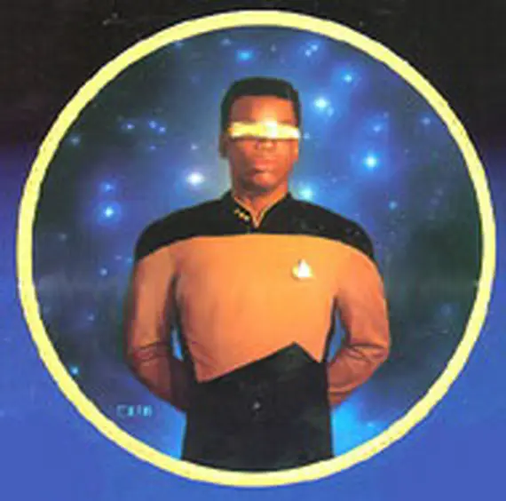 Star Trek officer wearing gold visor.