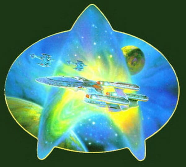 Starfleet ship in space with nebula.