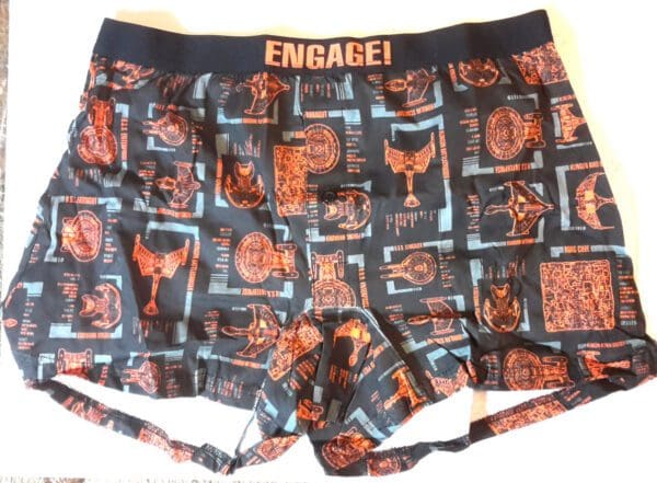 Star Trek patterned black boxer shorts.