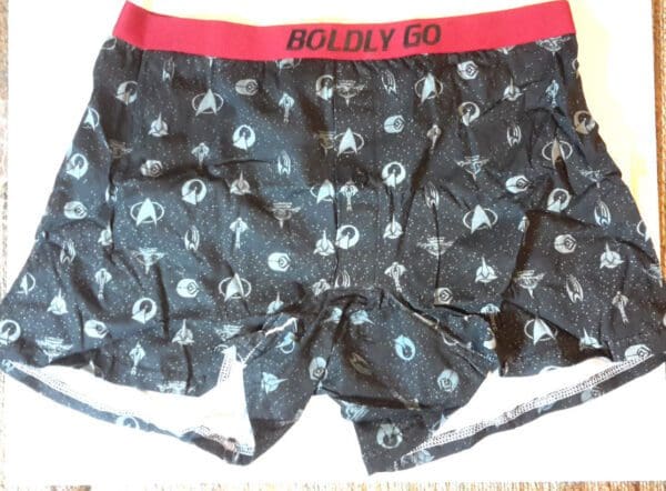 Black Star Trek boxer shorts with red waistband.