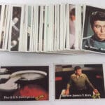 Star Trek trading cards featuring Kirk, Spock, and McCoy.