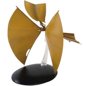 Golden winged spacecraft model on stand.