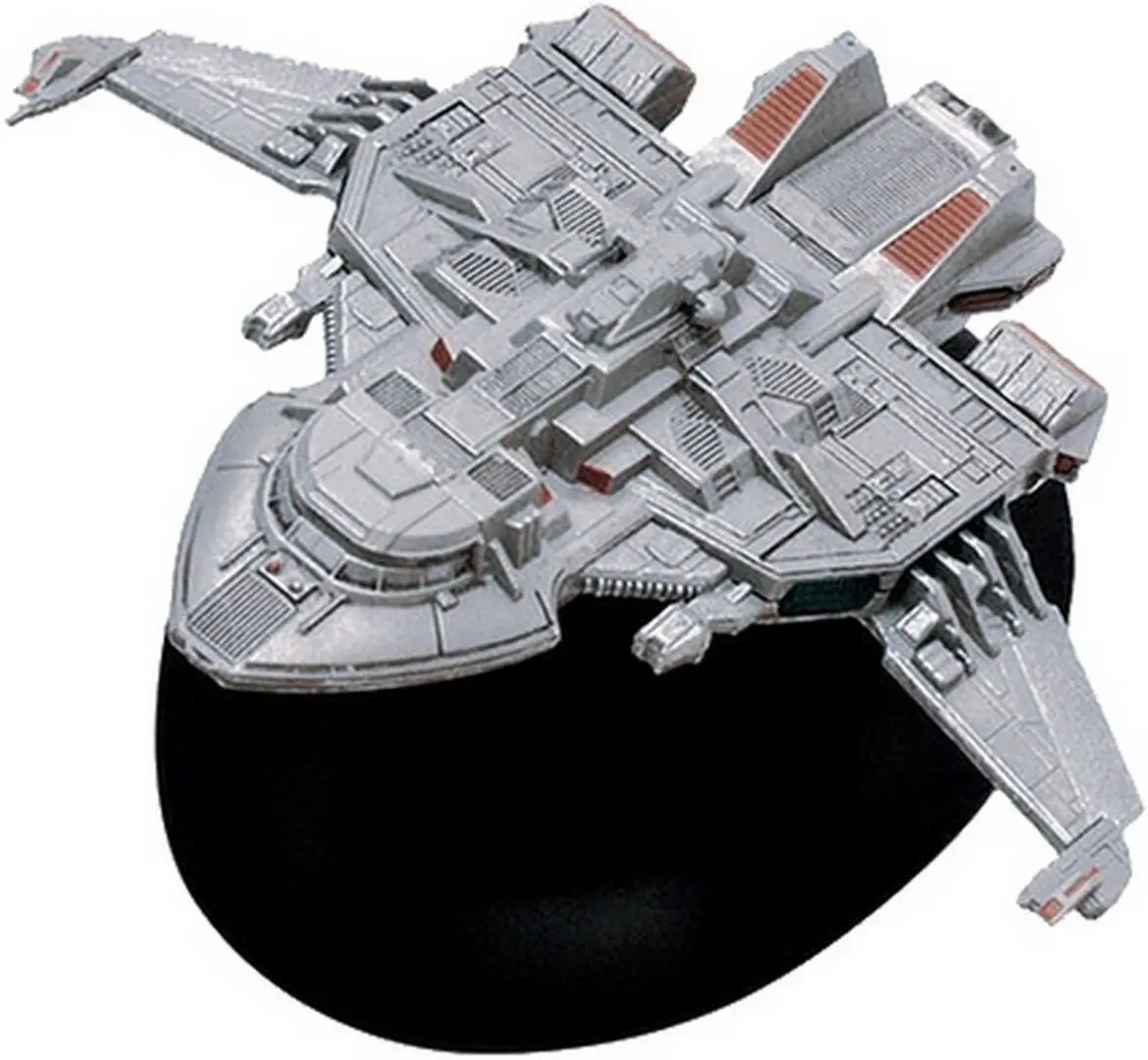 A gray spaceship model with red accents.