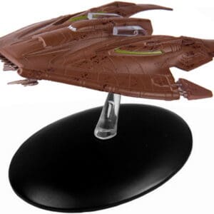 Brown and green Starfleet vessel on a stand.