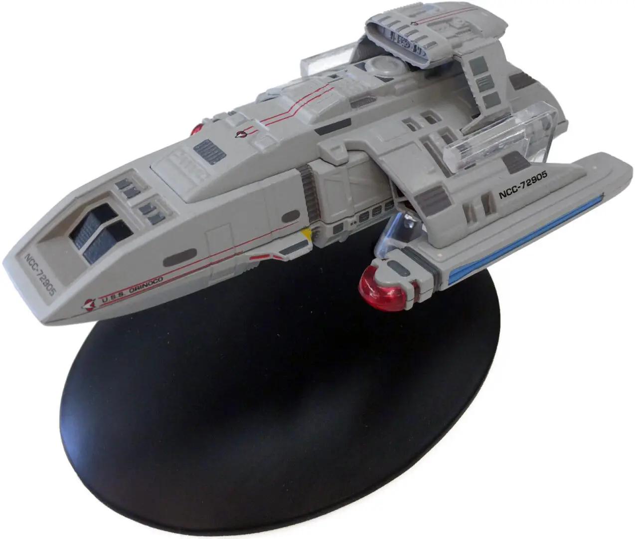 USS Orinoco starship model on a base.