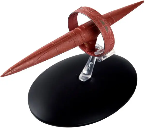 Red Starfleet ship on a stand.