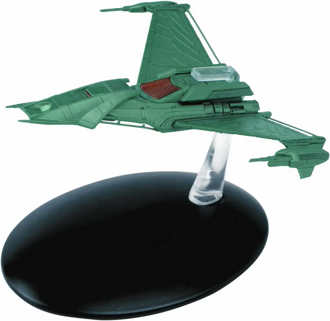 Green Bird-of-Prey starship on display stand.