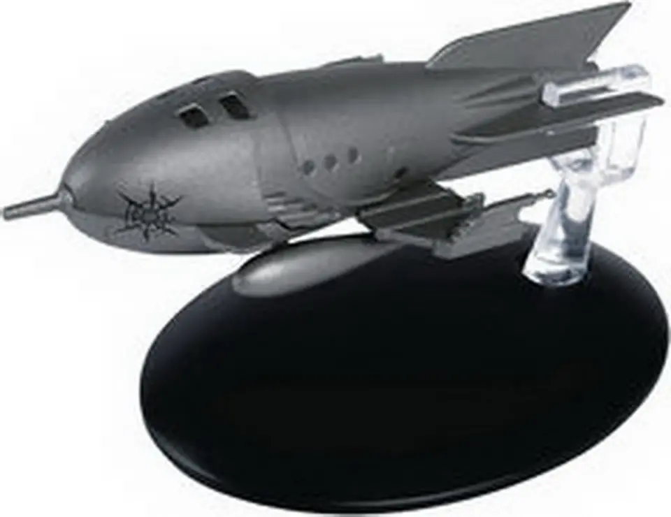 Grey model spaceship on a black stand.