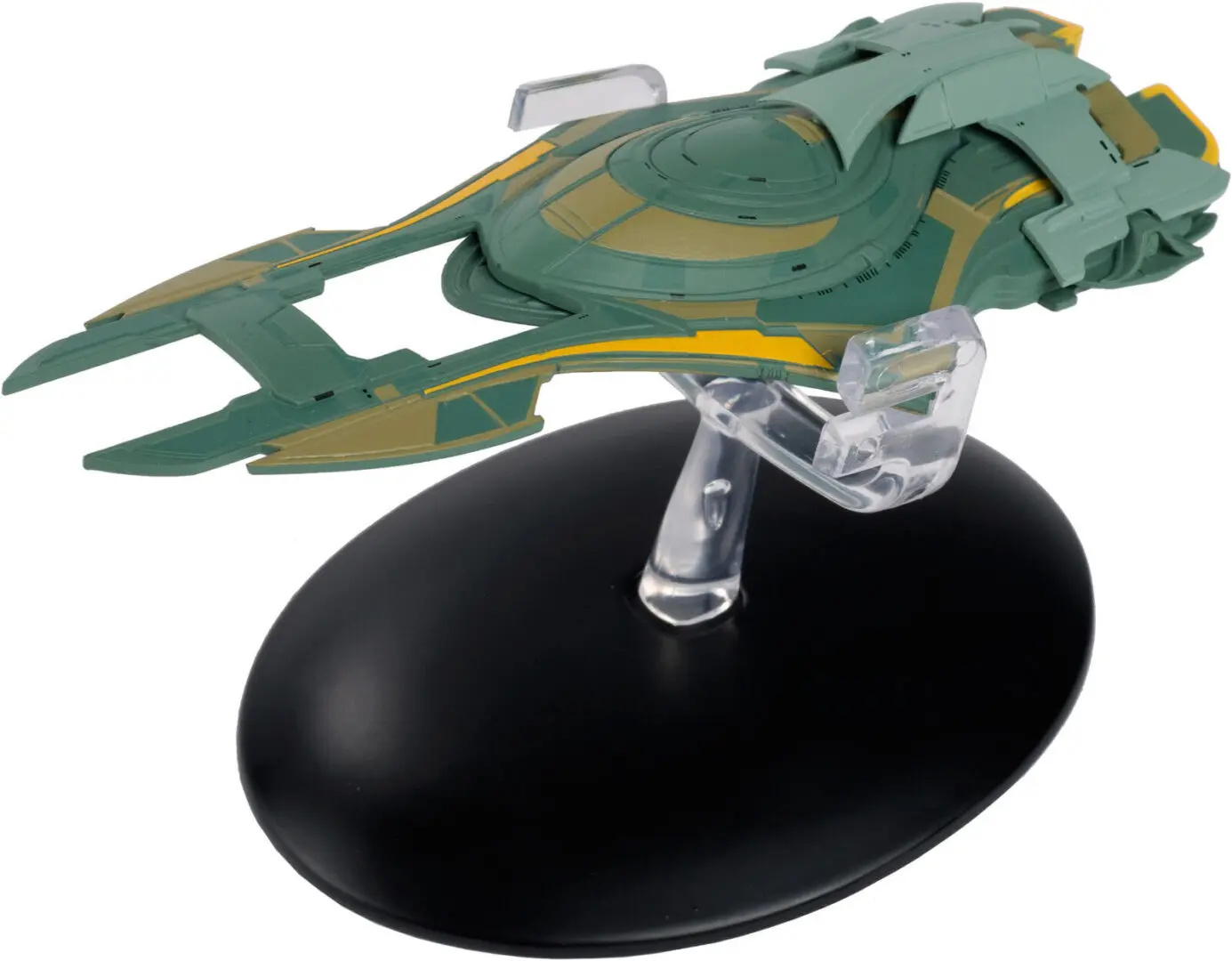 Green and yellow Starfleet ship on a stand.