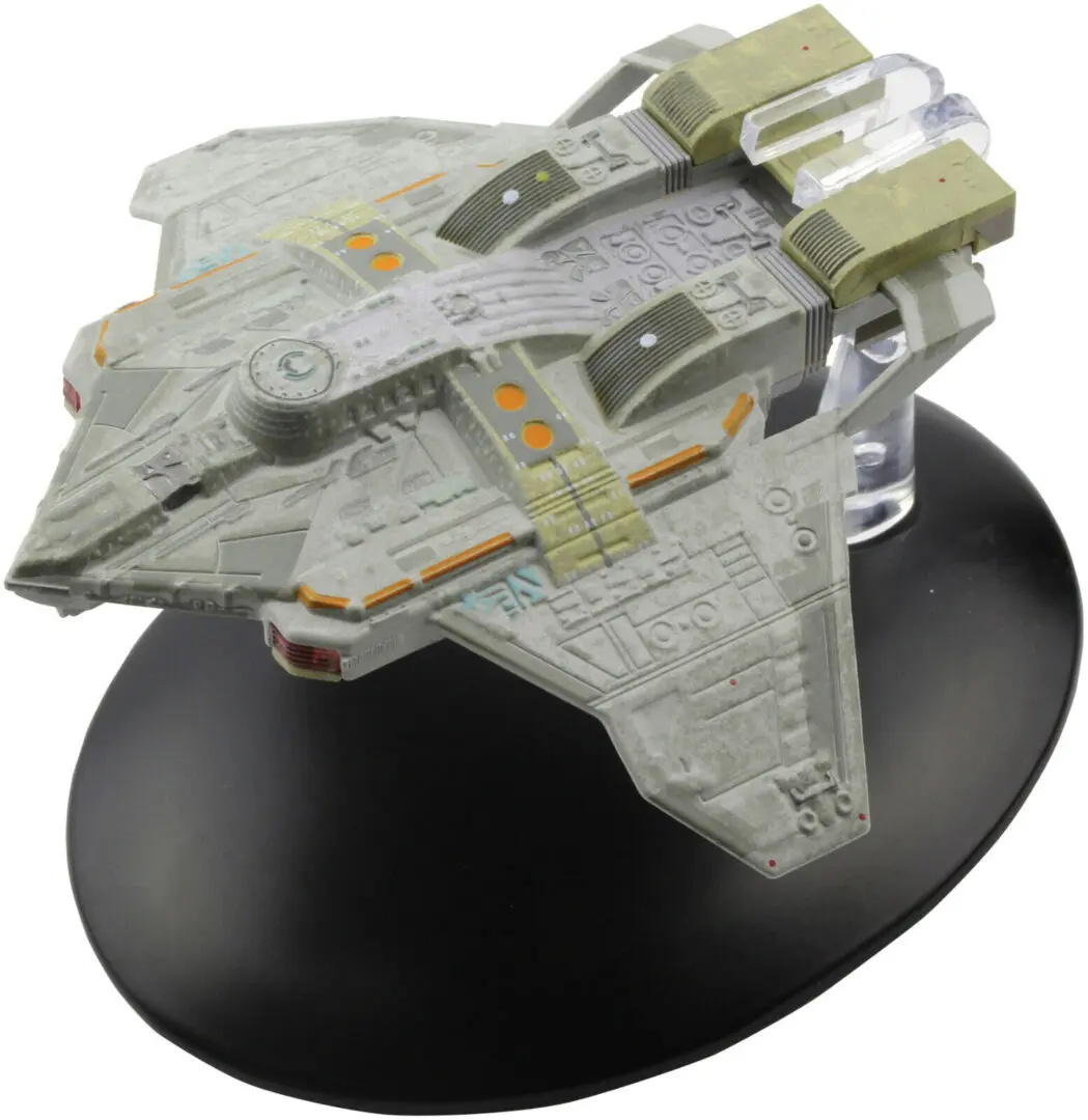 A grey and white Starfleet shuttle model.