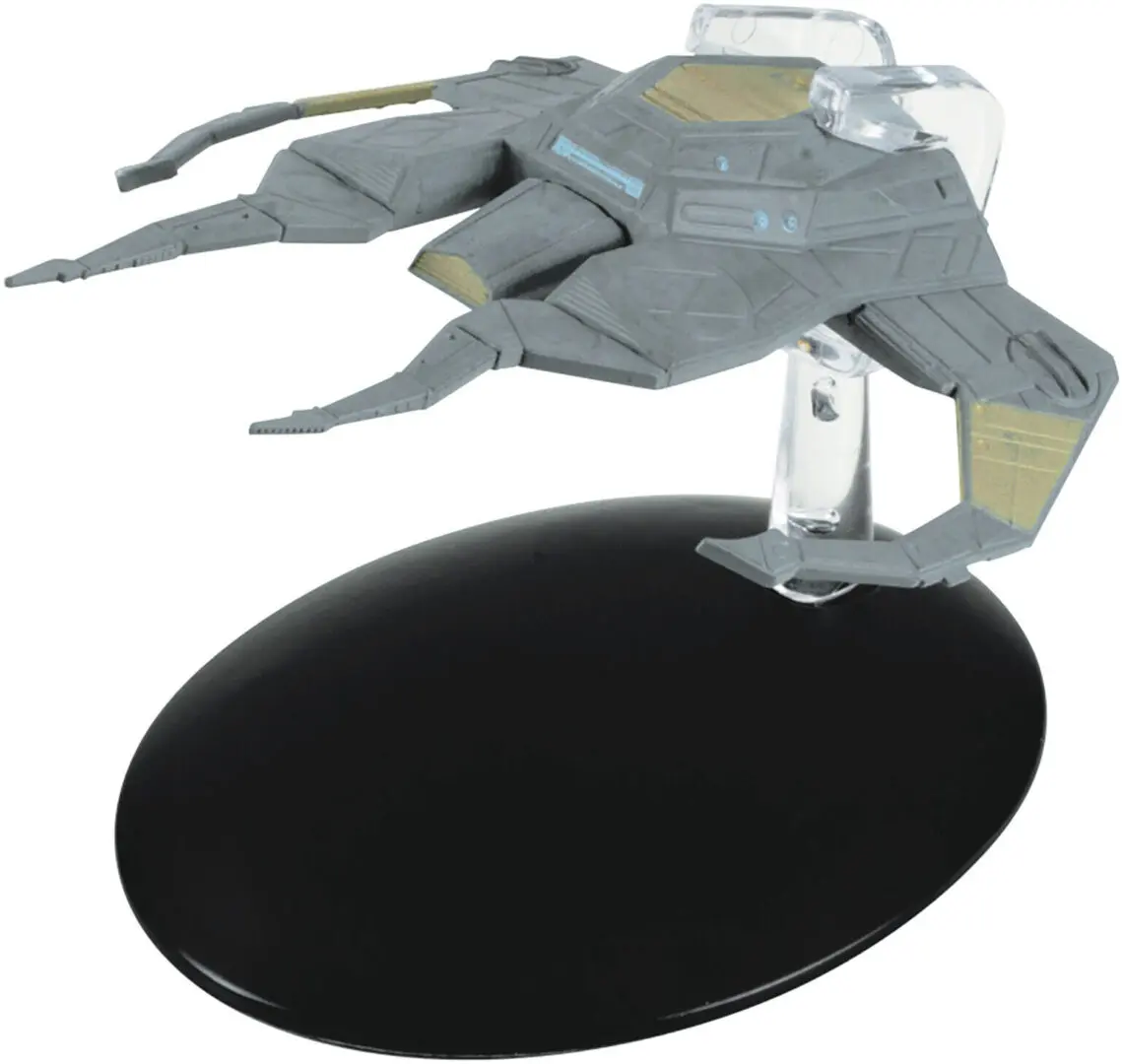 Gray Star Trek ship on a black stand.