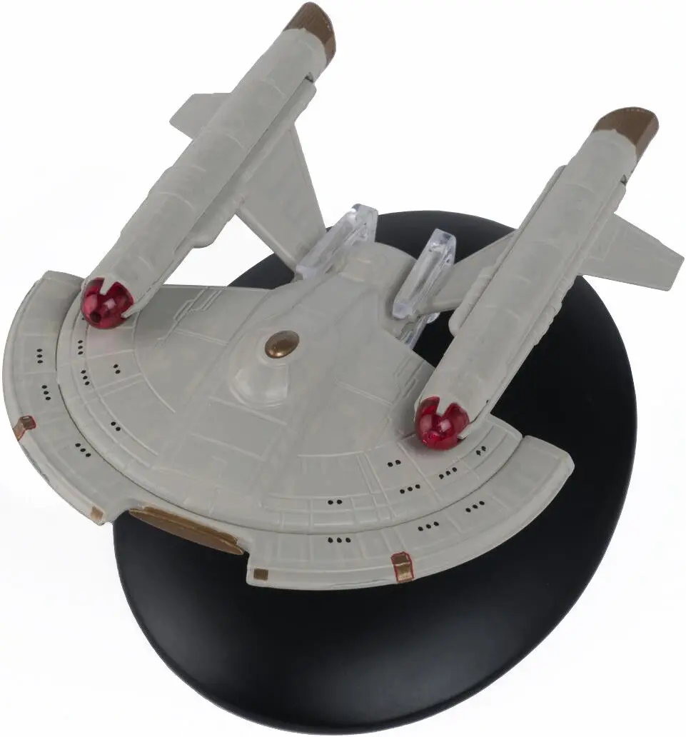 Star Trek Voyager model on display stand.