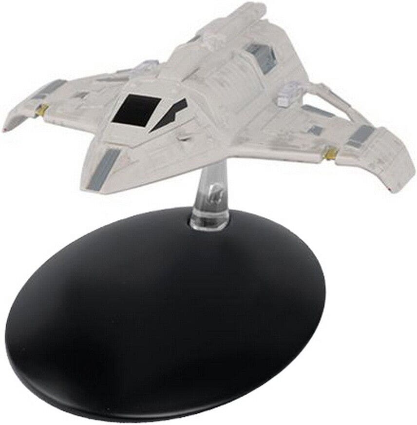 White Starfleet ship model on a stand.