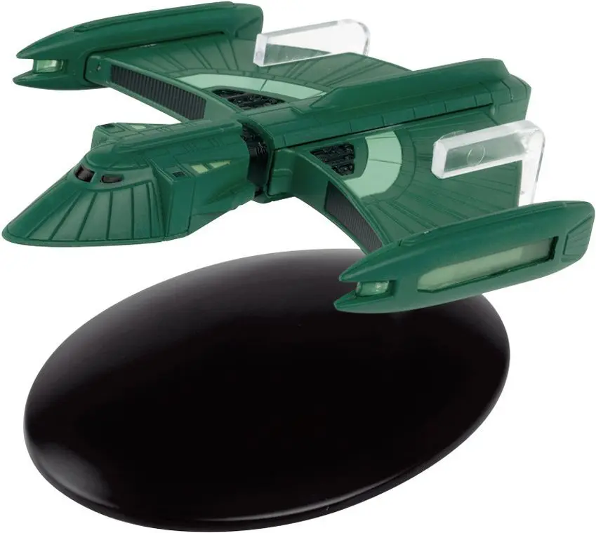 Green Klingon Bird-of-Prey model on stand.