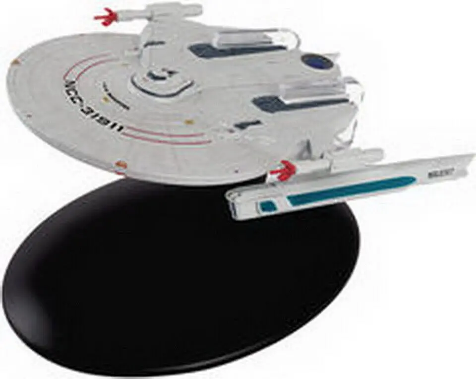 Star Trek Voyager model on a stand.