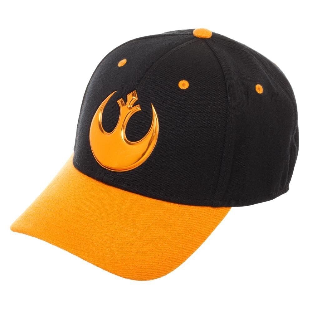 Black and orange baseball cap with Rebel Alliance logo.